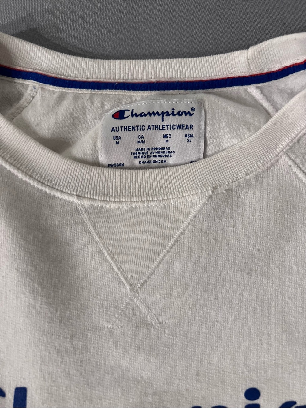 Champion White Crewneck Sweatshirt with Blue & Red Trim